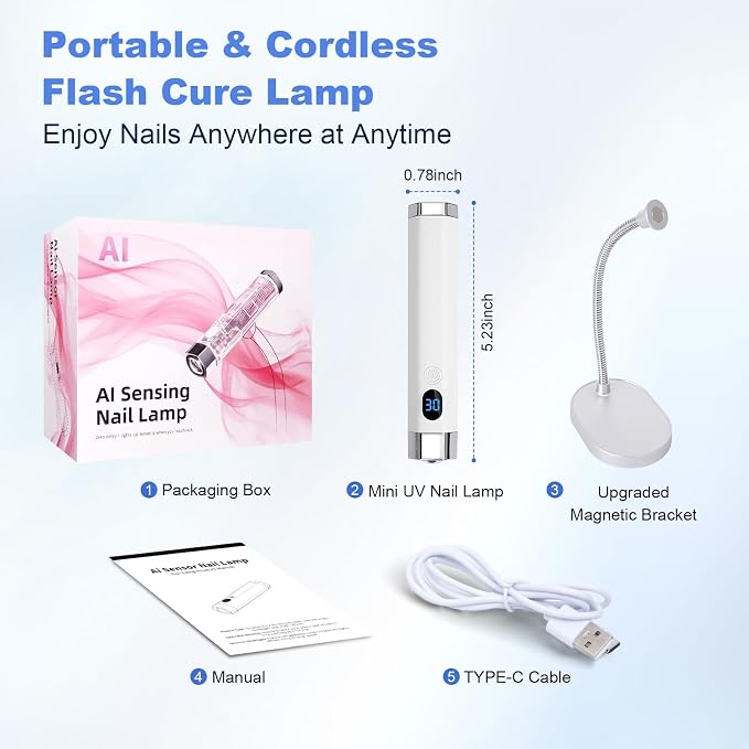 Mini Nail Lamp for Gel Nails with AI Sensor & Magnetic Stand,Rechargeable | Handheld or Hands-free,Flash Cure Nail Lamp for Gel X & Press on Nails,Gooseneck UV Light with LCD Display & 2 Timers(White)