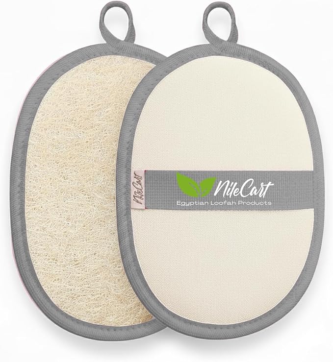 NileCart Natural Loofah for Men, Gray, 2 Pack | Egyptian Luffa Sponge Pads, Natural Body Exfoliator Scrubber, Bath & Shower