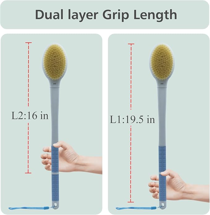 Shower Brush with Soft and Stiff Bristles, 20.5" Extended Long Handle Back Scrubber Dual-Side Bath Brush Body Exfoliator for Wet or Dry Brushing (Super Long Handle)