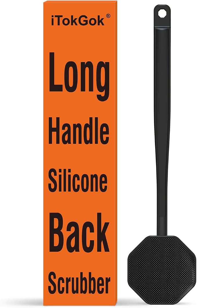 iTokGoK® Premium Silver-Infused Silicone Back Scrubber with Long Handle Back Brush for Shower,Back Brush Long Handle for Men and Women,Ergonomic No-Slip Handle, Long-Lasting (Black)
