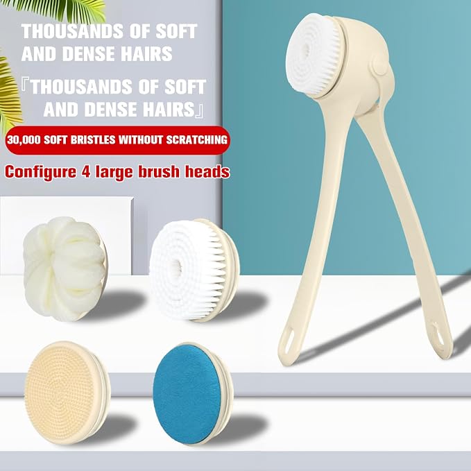 Electric Back Scrubber for Shower - Rechargeable Waterproof Body Exfoliator Brush with 4 Heads, Double Handles for Deep Cleaning & Skin Massag (Milk Coffee)