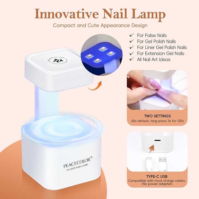 PEACECOLOR French Tip Press On Nails Kit - 160Pcs Coffin 5 Colors Nail Tips Gel Nail Kit with U V Light Base & Top Coat Starter Kit Nail Glue Full Set Fake Nails DIY Gift for Women Girls Home