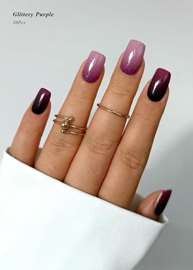 Semi Cured Gel Nail Strips (Glittery Purple), 20 Pcs Omber Gel Nail Wraps, Stickers, UV Light Required, Salon Quality
