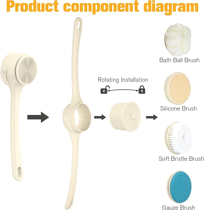 Electric Back Scrubber for Shower - Rechargeable Waterproof Body Exfoliator Brush with 4 Heads, Double Handles for Deep Cleaning & Skin Massag (Milk Coffee)