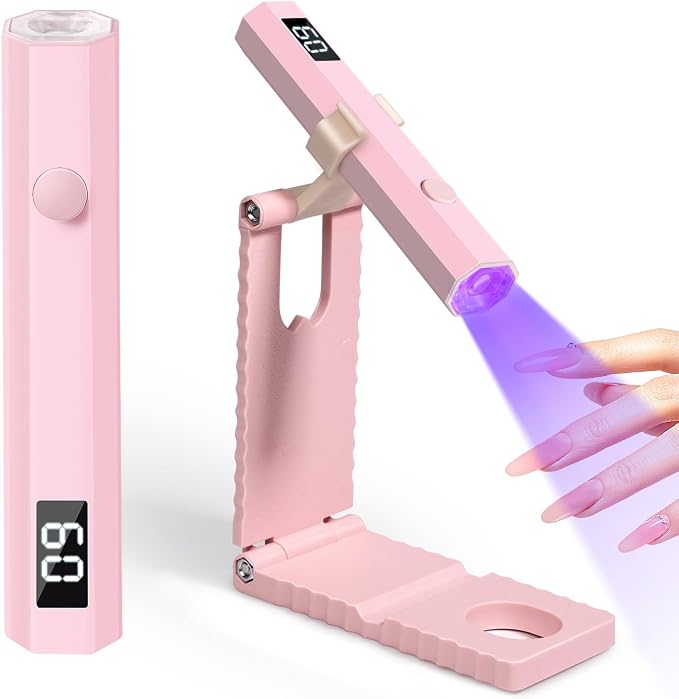 Mini Handheld UV Nail Light with Stand, Portable Flash Cure | Handheld or stand, phone holder, dual LED, 2 timers, cordless, USB-C, for rhinestone glue, travel, home DIY, gift