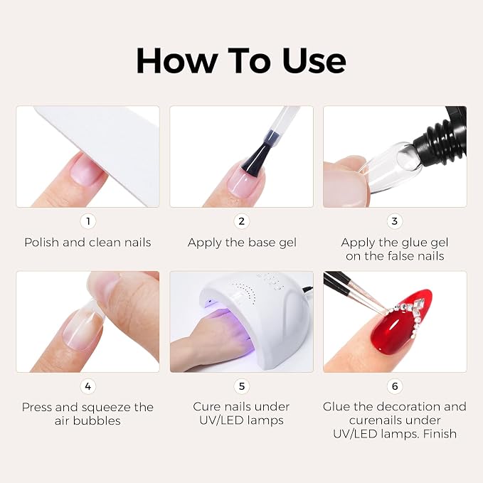 TOMICCA 5 in 1 Gel Nail Glue, UV Nail Glue for Press ons, UV Lamp Required | 30g Semi Solid Nail Gel Glue, Strong Nail Glue on Nails Tips, for Fake Acrylic Nails Extension, Long Lasting