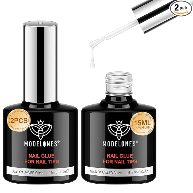 modelones 2pcs 15ml 10 in One X Nail Gel Glue Gel Base Coat Brush On | Nail Polish Glue for Tips, Rhinestones, Blooming Art Hema-Free Gel Kit for Acrylic Tips U V Lamp Needed