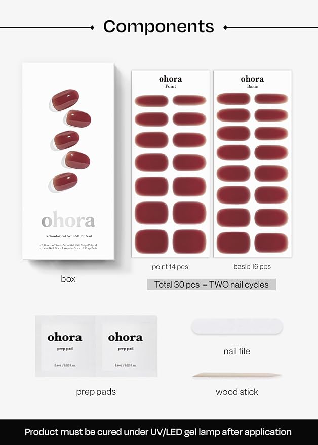ohora Semi Cured Gel Nail Strips (N Wine Veil) - Works with Any Lamps, Salon-Quality, Long Lasting, Easy to Apply & Remove - Includes 2 Prep Pads, Nail File & Wooden Stick