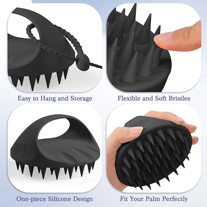 Manmihealth Large Hair Scalp Scrubber, One-piece Silicone Scalp Massager | Long Bristles Shampoo Brush for Dandruff Removal and Hair Growth with Hang Strap, Wet Dry Use (Style 2 Black)