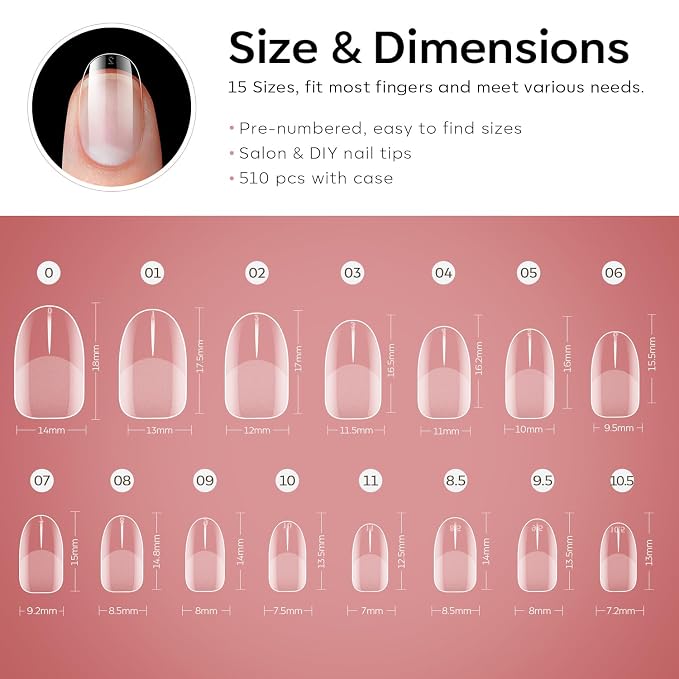 Modelones Extra Short Oval Round Nail Tips 510pcs Soft X Nail Gel Soft | Pre-shaped Fake Nails Half Matte Full Cover No Filed False Extension Manicure Salon DIY at Home 15 Sizes