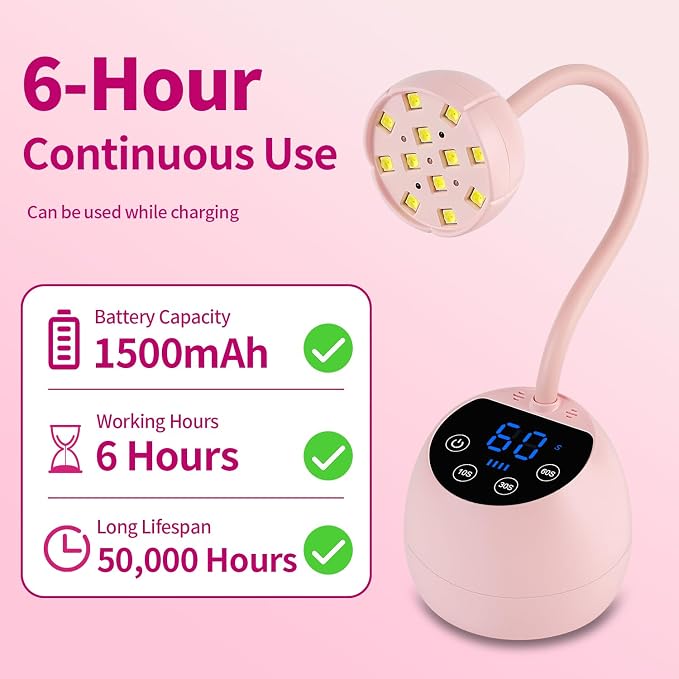 UV Nail Lamp,36W Cordless Gooseneck UV Light Gel x Flash Cure Lamp with 3 Timers and Auto Sensor for Gel Polish Nail Art(Pink)