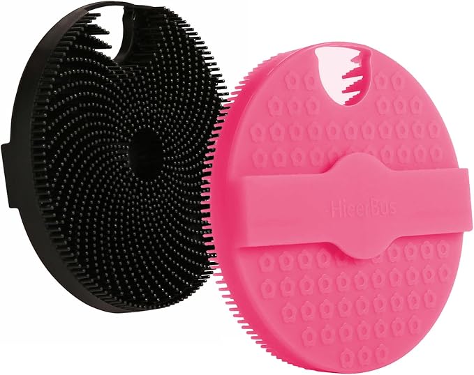 Silicone Body Scrubber Shower Brush 2 Counts,Super Exfoliating Body Brush with Non-Slip Strap-Effective Showering Exfoliation and Gentle Massage for Men Wome,Durable Use Brush (Black+Pink)