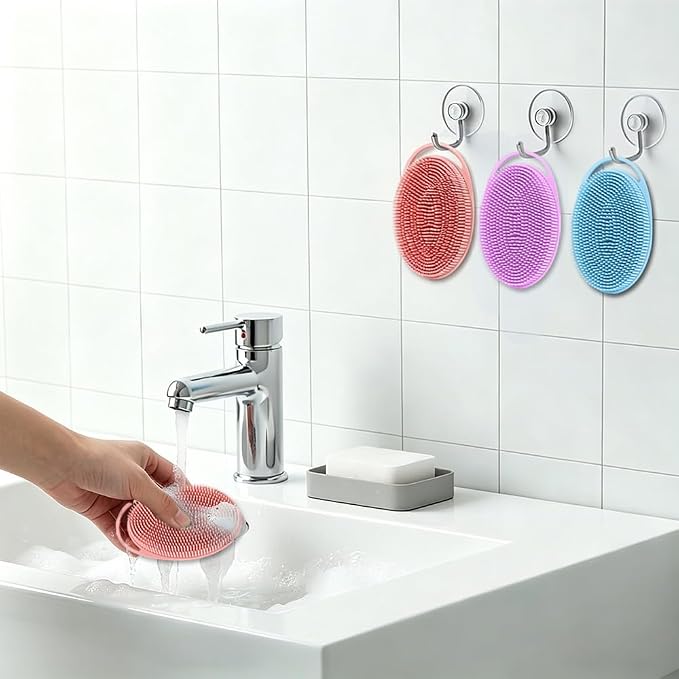 Silicone Body Scrubber 3 Pack Silicone Loofah Exfoliating Body Scrubber Soft Silicone Shower Brush with Handle Double Sided Bath Body Brush for Women Men Cleaning Massage Sensitive Skin, Lather Well
