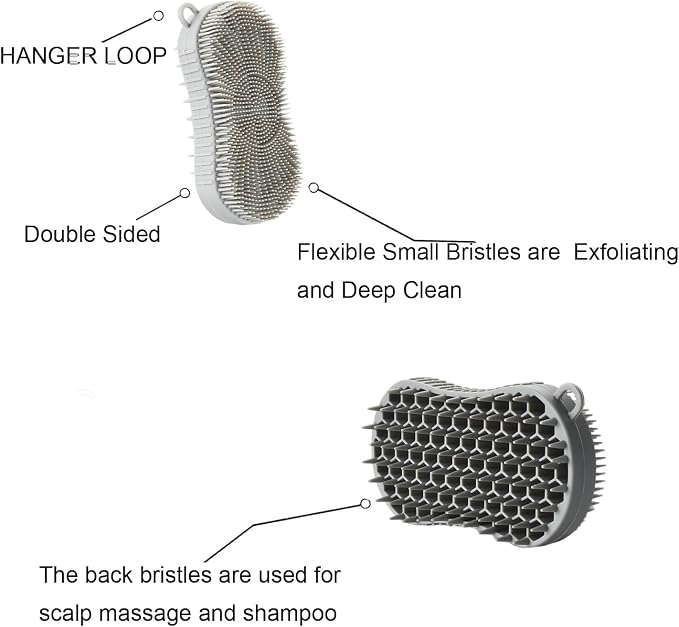 Silicone Body Scrubber, Double Sided Exfoliating Brush with Soft Flexible Bristles, Scalp Massage and Shampoo Tool with Hanger Loop(Grey)