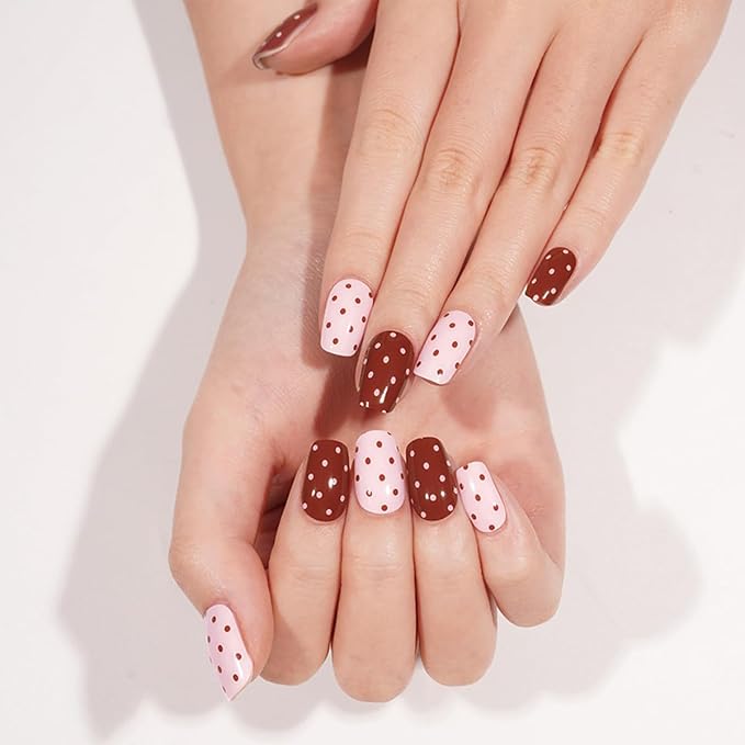 Polka Dot Semi Cured Gel Nail Strips - 20Pcs Brown & Pink UV Gel Nail Wraps with Polka Dots Design, Long Lasting Salon-Quality Stickers, Includes Nails File & Wooden Stick - UV/LED Lamp Required