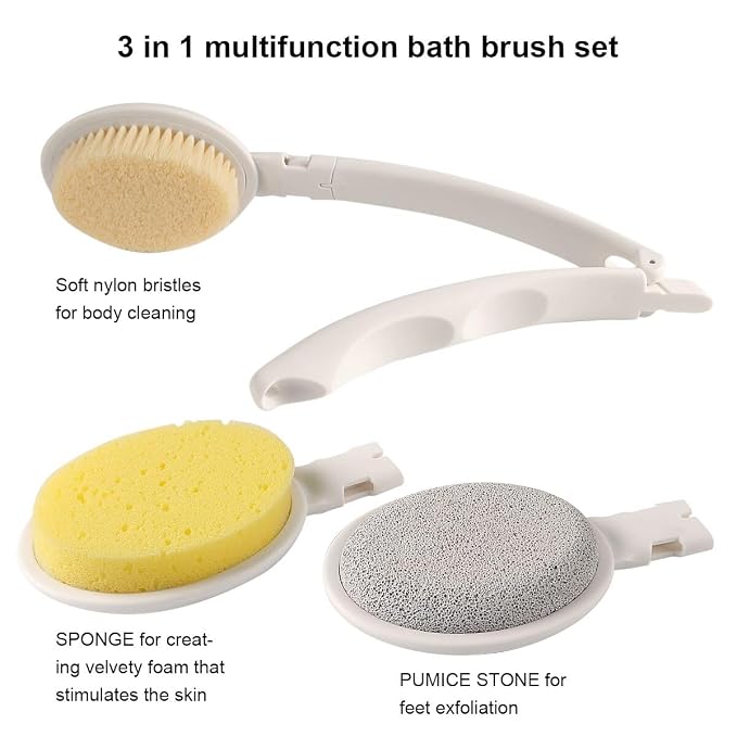 LFJ 19" Long Handle Shower Sponge Brush Set | 3 in 1 Body Brush, Bath Sponge and Lotion Applicator Improved Skin Health, Suitable for Men and Women, Foldable