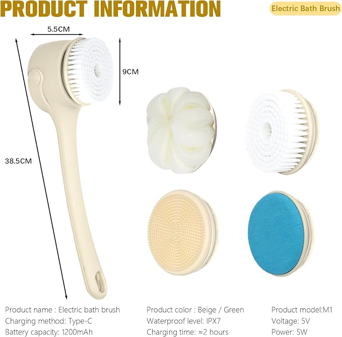 Electric Back Scrubber for Shower - Rechargeable Waterproof Body Exfoliator Brush with 4 Heads, Double Handles for Deep Cleaning & Skin Massag (Milk Coffee)