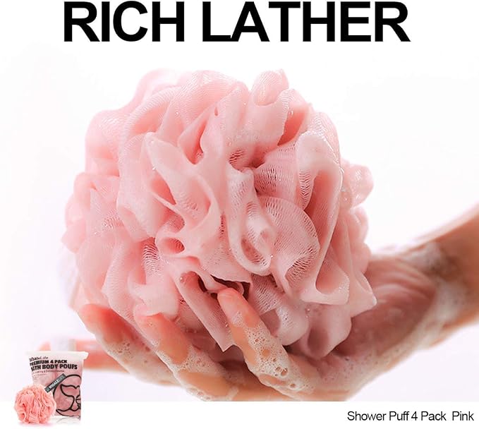 Bath Loofah Sponge for Shower Body Scrubber for Women Men 4-Pack Pink | 10X Suds Save Body Wash Double Knotted Anti Tear Core Fast Dry Cotton Loop Stay Fresh Large Mesh for Sensitive Skin