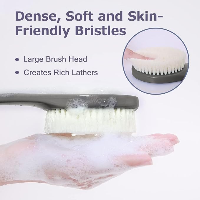 Body Back Scrubber – 17'' Long Handle Shower Brush, Durable Exfoliator for Dry & Wet Use, Deep Cleansing & Gentle Exfoliation for Smooth Skin – for Men, Women & Elderly (Gray)