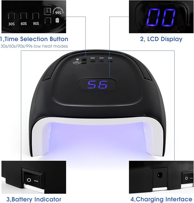 Professional Rechargeable 60W UV LED Portable Cordless UV Light for Nail Lamp Machine with Removable Stainless Steel Bottom,4 Timer Setting and Smart Sensor Nail Dryer (Black)