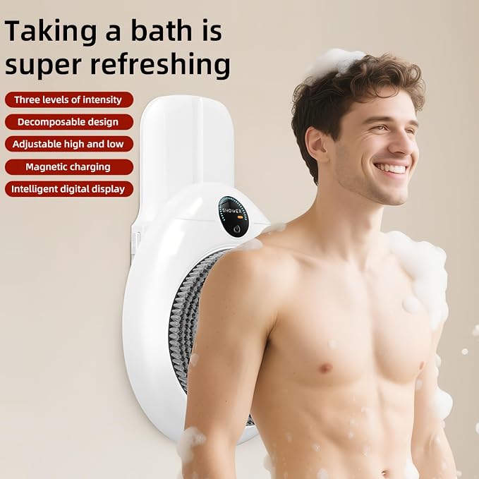 Electric Back Scrubber for Shower, Adjustable Height Shower Back Scrubber Wall Mounted, 3-Speed & 3 Replaceable Brush Heads, IPX7, Hands-Free Back Cleansing and Exfoliating Brush