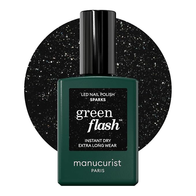 Manucurist Green Flash Sparks Sparkling Black LED Gel Nail Polish | LED Gel Polish & Semi-Permanent Nail Varnish, UV Nail Lamp - 12-Free, Bio-Sourced, Vegan, Made in France, 0.5 fl oz