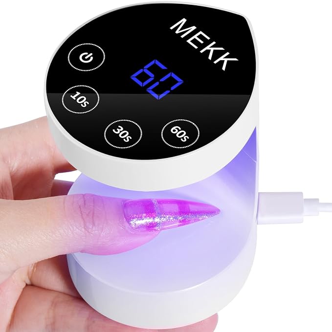 MEKK Mini Flash Cure Nail Lamp, Small UV Light for Gel Nails | Auto Senser,8 LED Beads, 4 Timer Settings, Peach-Shaped, Compact for Travel/Home Use, Fits Single Finger Gel Nails-White