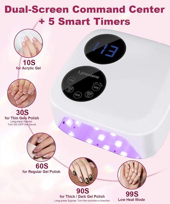 80W Cordless Nail Lamp with Magnetic Detachable Base, Dual-Screen Display | 5 Timers,Gel Nail Light, Professional UV/LED Light for Gel Nails Fast Curing All Gel Polishes (White)