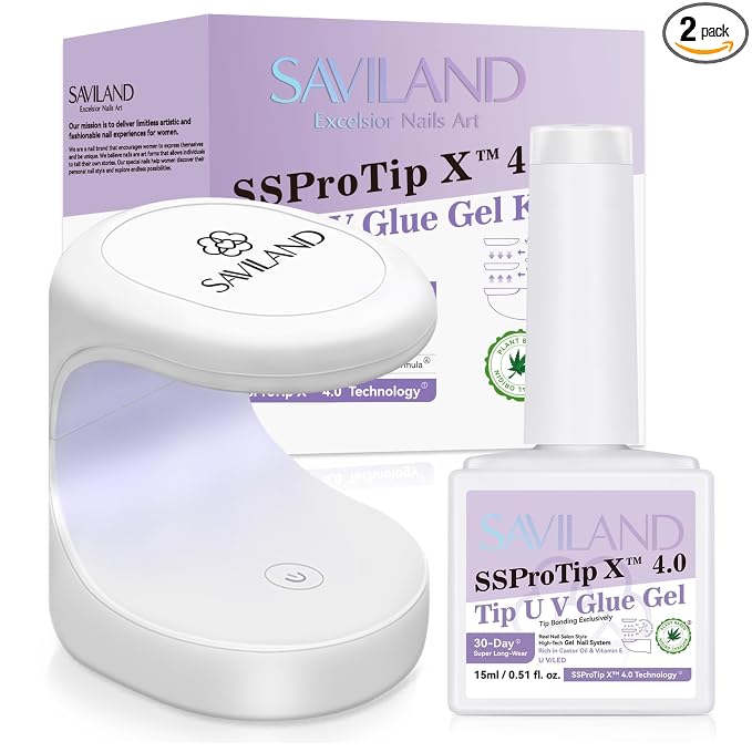 SAVILAND Gel Nail Glue Kit with UV Lamp for Nail Tips and Press Ons, 15 mL | 60-second flash cure, low-odor bubble-free formula, 4-in-1 use for nail tips, rhinestones, base coat and nail repair
