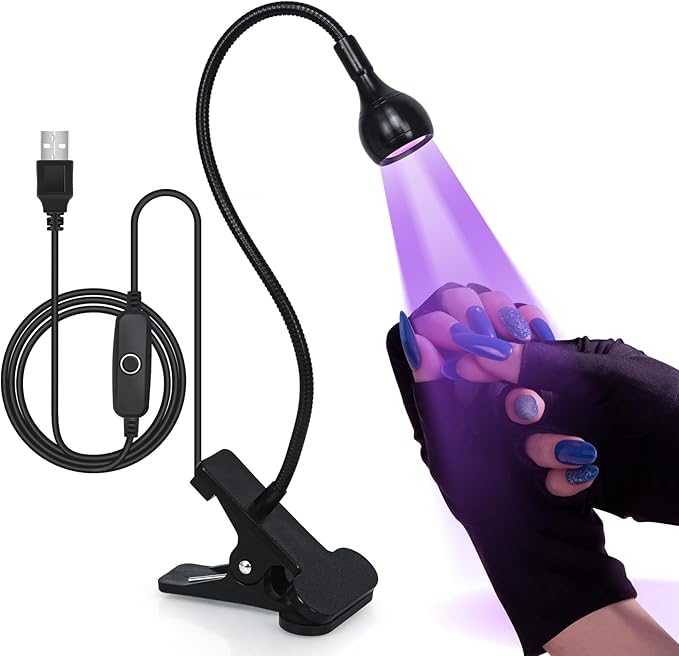 AORAEM 3W LED Nail Lamp with Clamp and Flexible Gooseneck for Gel Nails | Includes UV Protection Gloves for Gel Polish Curing, Salon and Home DIY