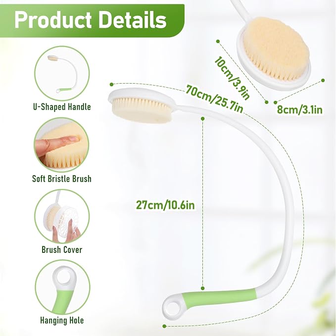 Fanwer 27.5” Back Bath Brush Long Handle for Shower and Silicone Body Scrubber, Shower Back Scrubber with Curved Handle for Elderly, Disabled, Limited Mobility, Post-Surgery, Frozen Shoulder