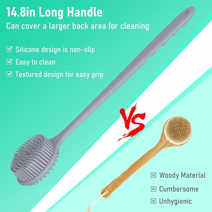 KXF Silicone Back Scrubber for Shower Bath Body Brush with Long Handle Double Sided Exfoliating Shower Brush with a Hook and a Lanyard