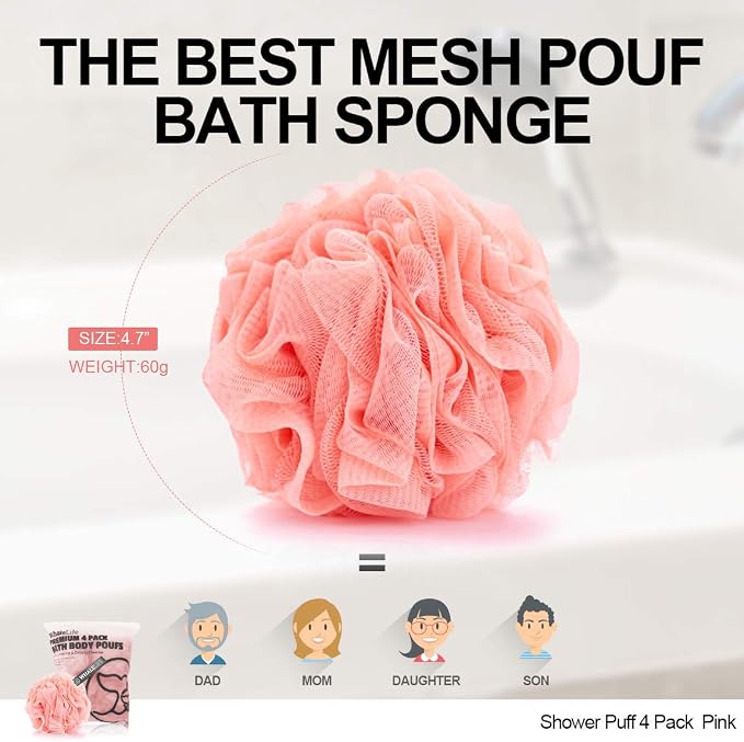 Bath Loofah Sponge for Shower Body Scrubber for Women Men 4-Pack Pink | 10X Suds Save Body Wash Double Knotted Anti Tear Core Fast Dry Cotton Loop Stay Fresh Large Mesh for Sensitive Skin