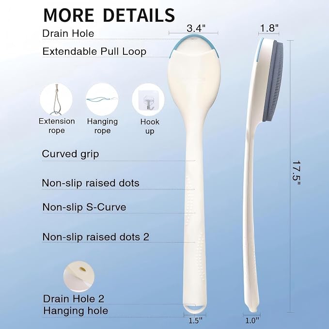Extendable Silicone Back Scrubber, 17"-32", 4X Firm Scrub,White | Dual handles for 4X power. Zinc-infused BPA-free silicone. 40D firm bristles for deep exfoliation. Ideal oily skin, Quick-dry