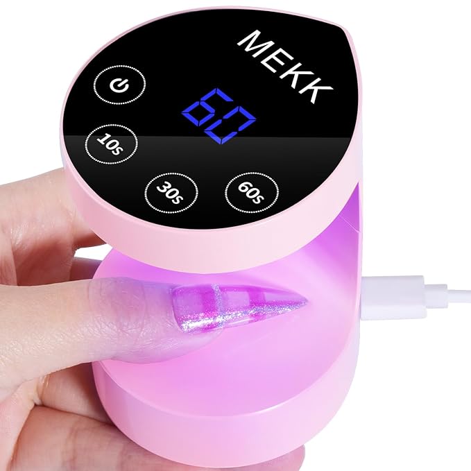 MEKK Mini Flash Cure Nail Lamp, Small UV Light for Gel Nails | Auto Senser,8 LED Beads, 4 Timer Settings, Peach-Shaped, Compact for Travel/Home Use, Fits Single Finger Gel Nails-Pink