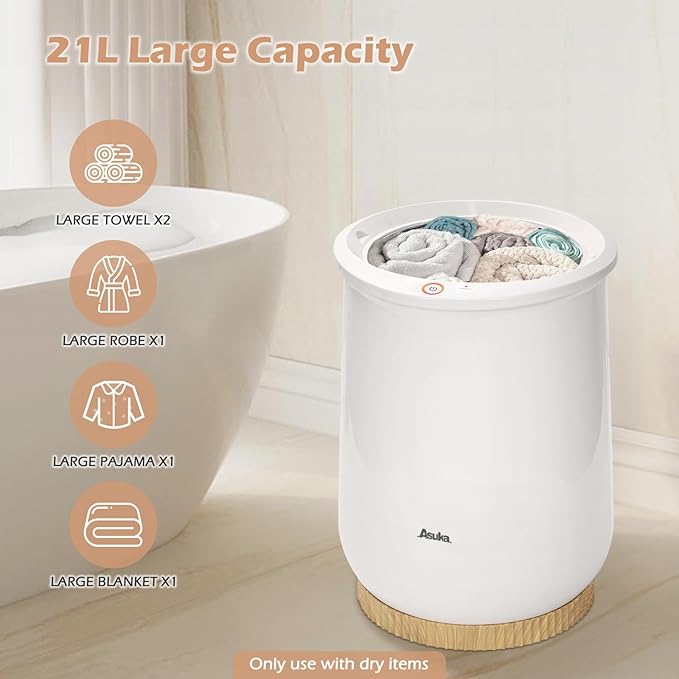 Asuka Towel Warmer for Bathroom, Large Towel Warmer Bucket, Easy One-Button Control, Auto Shut-Off, 21L Capacity Fits Up for Two 40"X70" Oversized Towels, PJ’s Bathrobe, CL1 (Wood)