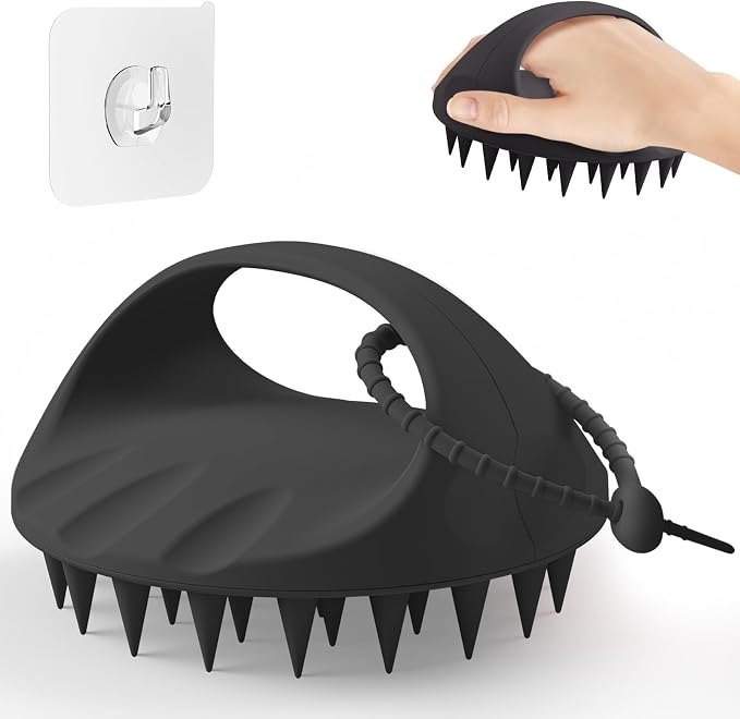 Manmihealth Large Hair Scalp Scrubber, One-piece Silicone Scalp Massager | Long Bristles Shampoo Brush for Dandruff Removal and Hair Growth with Hang Strap, Wet Dry Use (Style 2 Black)