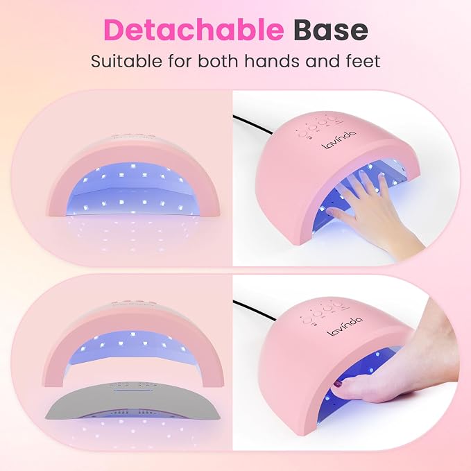 Lavinda UV LED Nail Lamp for Gel Polish, 48W UV Light for Nails Professional Nail Dryer Fast Curing Lamp with 4 Timers, Smart Sensor, Detachable Base for Hands & Feet Home Salon DIY Manicure - Pink