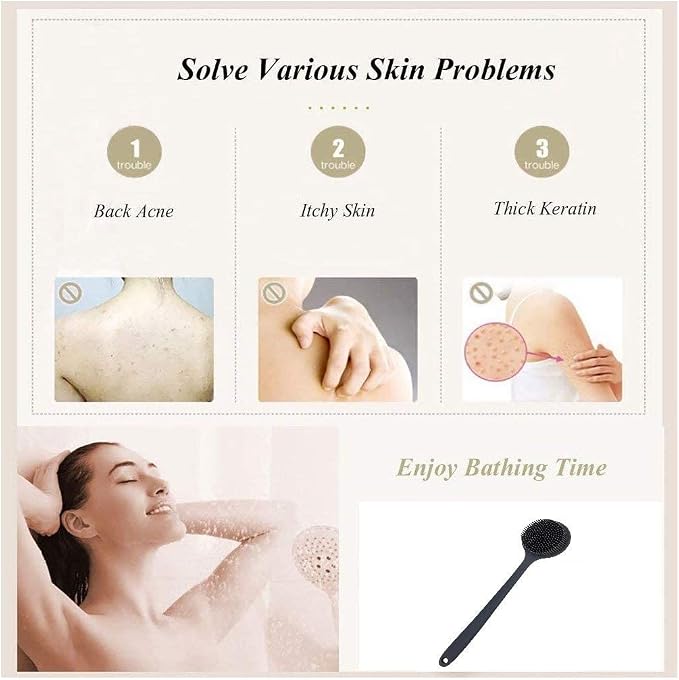 Long Handle Silicone Body Scrubber for Shower, Dual-Sided Back Scrubber Brush with Soft Bristles&Massage Nodes, Exfoliating Bath Brush for Hard to Reach Areas, Easy to Clean & Quick Dry, for Daily Use