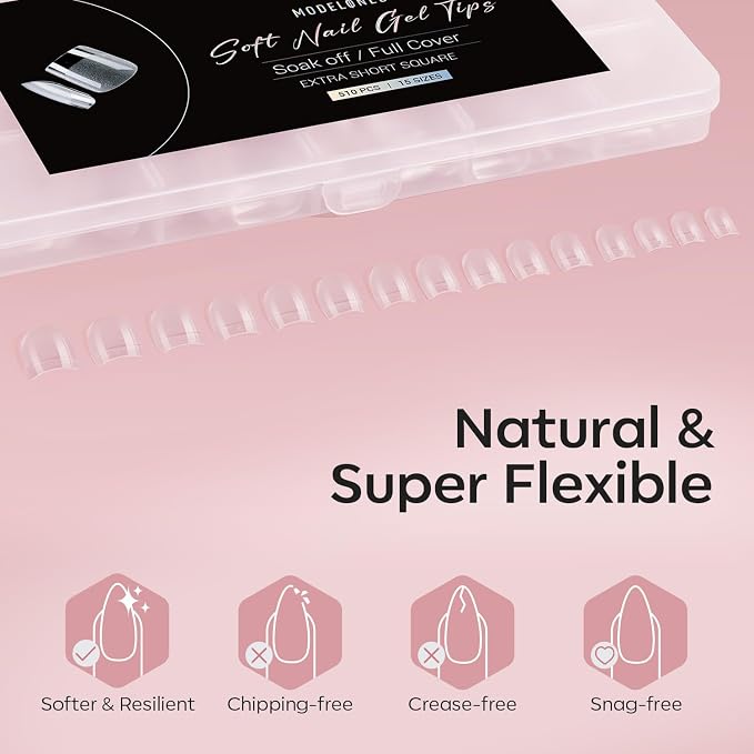 Modelones Extra Short Square Nail Tips 510pcs Pre-etched Soft False Nails | Half Matte Full Cover Clear Acrylic Gel Kit False Press on Nails for Extension DIY Salon 15Sizes
