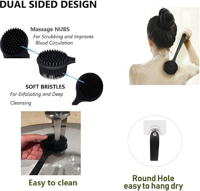 Long Handle Silicone Body Scrubber for Shower, Dual-Sided Back Scrubber Brush with Soft Bristles&Massage Nodes, Exfoliating Bath Brush for Hard to Reach Areas, Easy to Clean & Quick Dry, for Daily Use