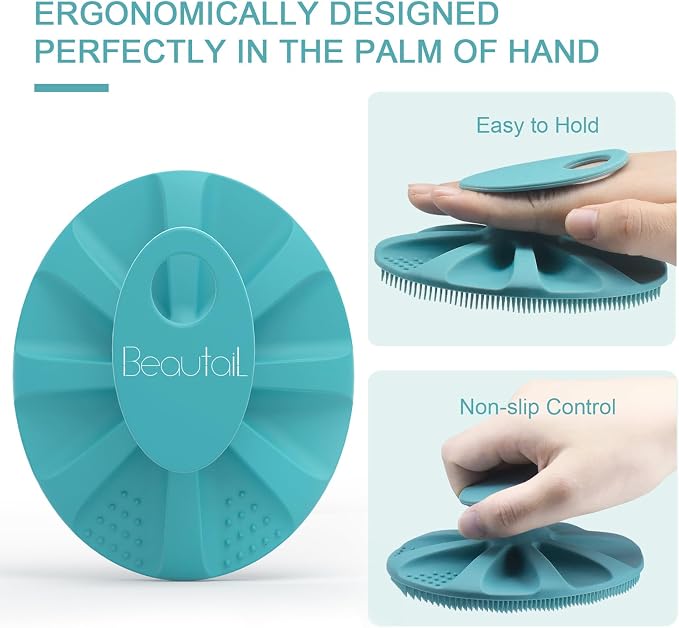 Silicone Body Scrubber, BEAUTAIL Gentle Exfoliating Brush on Sensitive Skin | Soft Shower Scrubber for Body, Hygienic Silicone Loofah, Bathroom Essentials Brush for Women, Men & Kids, 1-Pack, Cyan