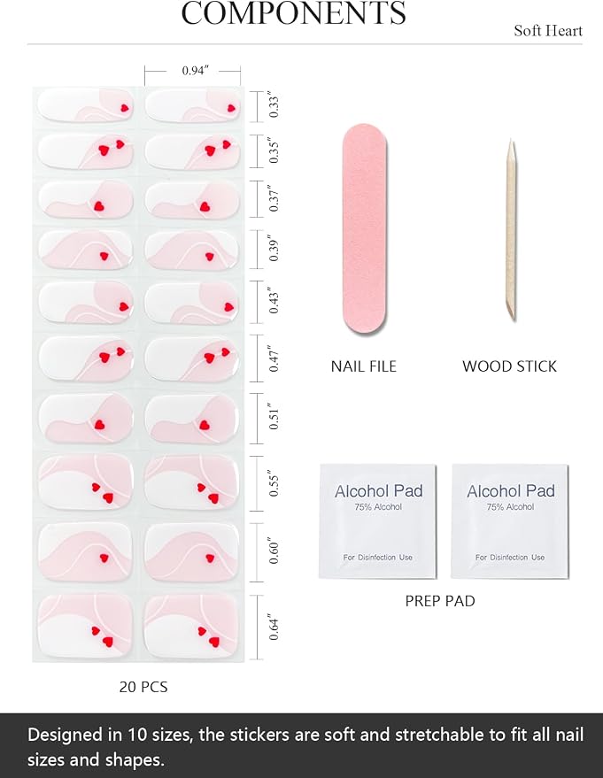 Semi Cured Gel Nail Strips (Soft Heart), Valentine's Day French, 20 Pcs Gel Nail Wraps, Stickers, Salon Quality, Works with Any UV Lamps