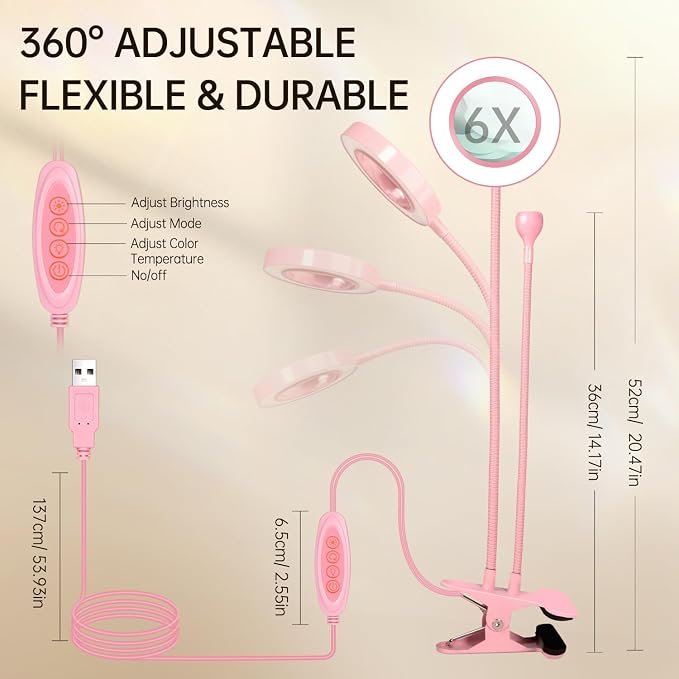 AORAEM LED UV Nail Lamp with Double-Head and 6X Magnifier, Pink | Gooseneck Lamp for Gel Nails, Flash Cure Lamp for Home DIY Salon