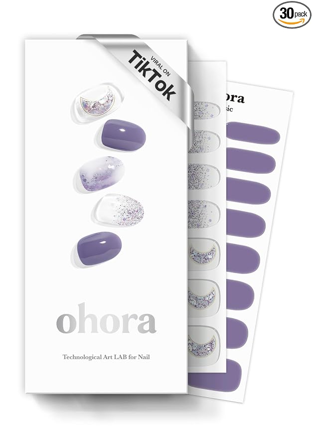 ohora Semi Cured Gel Nail Strips (N Goblin Moon) - Purple, Patterned, Works with Any UV/LED Lamps, Salon-Quality, Long Lasting, Easy to Apply & Remove - Includes 2 Prep Pads, Nail File & Wooden Stick