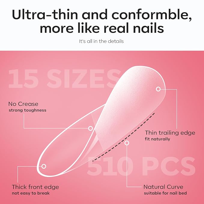 modelones X Nail Gel Kit, , 9-in-One Glue Prep Dehydrator UV Light Clipper | 510Pcs Extra Short Oval Round Fake Nails 15Sizes Pre-shaped Half Matte Press on Oval Tips for Extension DIY Salon