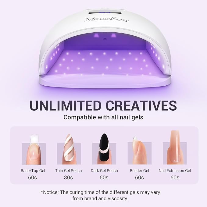 MelodySusie Detachable Base UV/LED Nail Lamp P-Plus30I for Hard Gel | 54W, 3 Timer Settings, Smart Sensor, LCD Display, 30 UV/LED Beads, Rhinestone Glue, Solid Nail Glue Gel, Liner Gel, White