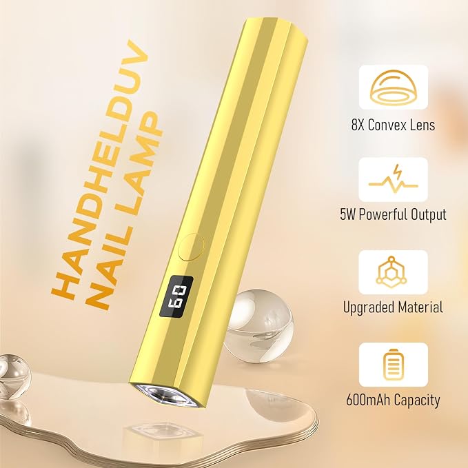 Handheld UV Nail Lamp, 5W Sparkly UV Light for Gel Nails, Portable LED Nail Lamp, Mini Nail Dryer with LCD Screen, USB Nail Light for Fast Curing, Gold