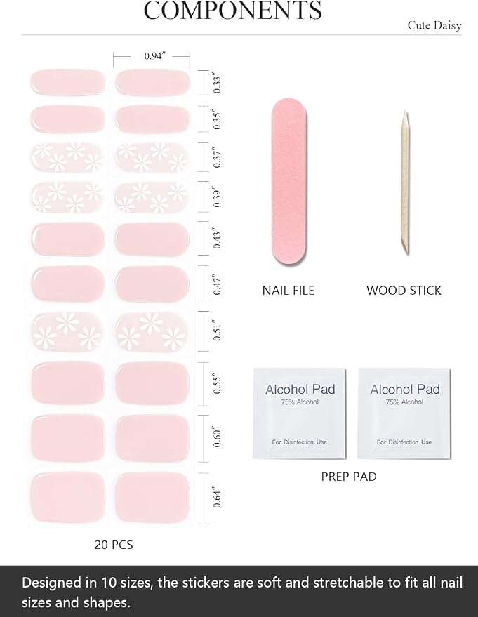Semi Cured Gel Nail Strips (Cute Daisy), Pink Flower, 20 Pcs Gel Nail Wraps, Stickers, Salon Quality, Works with Any UV Lamps