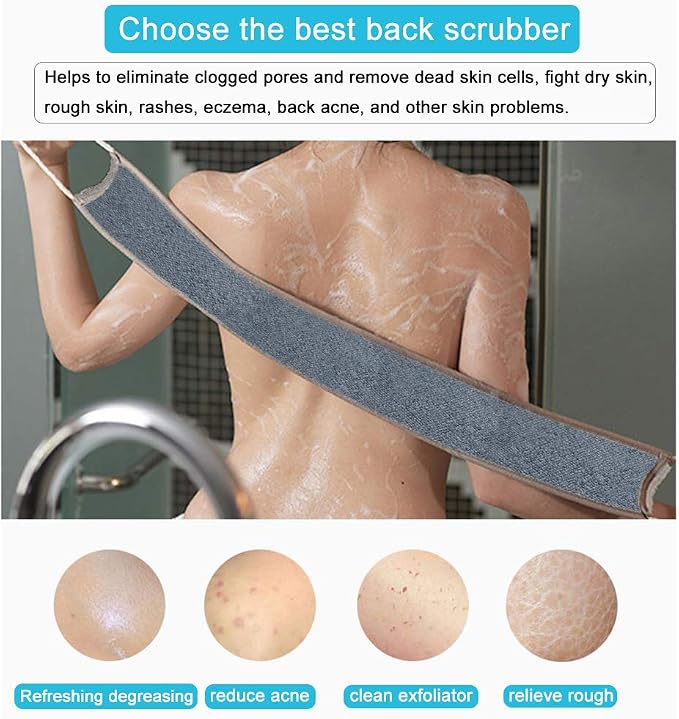 Loofah Back Scrubber for Shower for Men/Women, Natural Soft Flax Back Scrub Washer, Extra Long Back Exfoliator Cleaner for Shower Acne, Dual-Sided Bath Exfoliating Scrubber, Deep Clean&Invigorate Skin